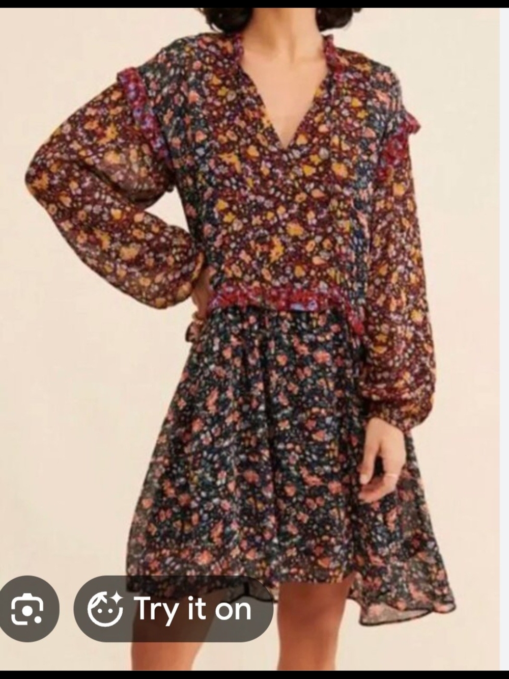 O Anthropologie Black Floral V-Neck Dress with Multicolor Print XS